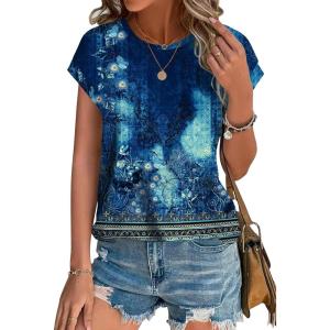 image:imageXIEERDUO Womens Tops Short Sleeve Shirts Blouses for Women Dressy Casual Cap Sleeve Tops with Curved HemUnavy Print