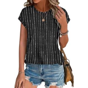 image:imageXIEERDUO Womens Tops Short Sleeve Shirts Blouses for Women Dressy Casual Cap Sleeve Tops with Curved HemXblack Stripes