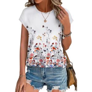 image:imageXIEERDUO Womens Tops Short Sleeve Shirts Blouses for Women Dressy Casual Cap Sleeve Tops with Curved HemXdandelion Floral