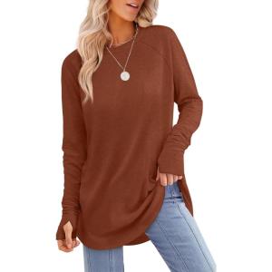 image:imageXIEERDUO Womens Tunic Tops to Wear with Leggings Long Sleeve Thumb Hole Shirts Crew Neck Curved HemEbrown