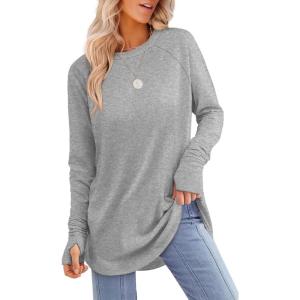 image:imageXIEERDUO Womens Tunic Tops to Wear with Leggings Long Sleeve Thumb Hole Shirts Crew Neck Curved HemFgrey
