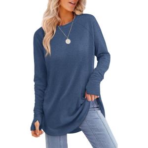 image:imageXIEERDUO Womens Tunic Tops to Wear with Leggings Long Sleeve Thumb Hole Shirts Crew Neck Curved HemIblue
