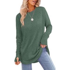 image:imageXIEERDUO Womens Tunic Tops to Wear with Leggings Long Sleeve Thumb Hole Shirts Crew Neck Curved HemJgreen