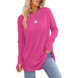image:imageXIEERDUO Womens Tunic Tops to Wear with Leggings Long Sleeve Thumb Hole Shirts Crew Neck Curved HemKhotpink