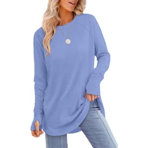 image:imageXIEERDUO Womens Tunic Tops to Wear with Leggings Long Sleeve Thumb Hole Shirts Crew Neck Curved HemNlight Blue
