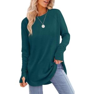 image:imageXIEERDUO Womens Tunic Tops to Wear with Leggings Long Sleeve Thumb Hole Shirts Crew Neck Curved HemObluegreen