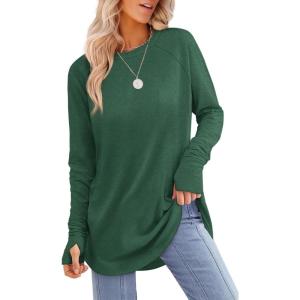 image:imageXIEERDUO Womens Tunic Tops to Wear with Leggings Long Sleeve Thumb Hole Shirts Crew Neck Curved HemOdark Green