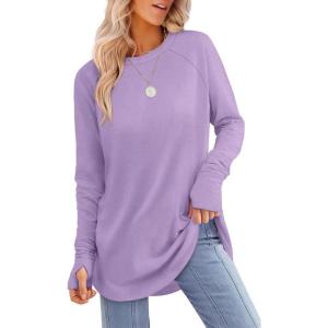 image:imageXIEERDUO Womens Tunic Tops to Wear with Leggings Long Sleeve Thumb Hole Shirts Crew Neck Curved HemQpurple