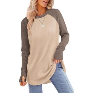 image:imageXIEERDUO Womens Tunic Tops to Wear with Leggings Long Sleeve Thumb Hole Shirts Crew Neck Curved HemRcoffeekhakicolorblock