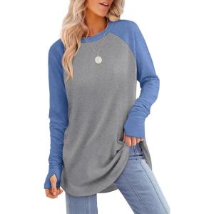 image:imageXIEERDUO Womens Tunic Tops to Wear with Leggings Long Sleeve Thumb Hole Shirts Crew Neck Curved HemRgreybluecolorblock