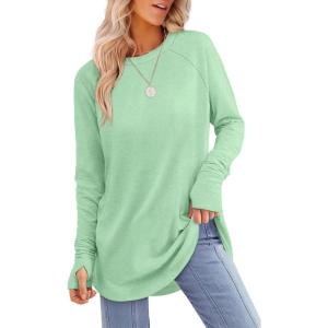 image:imageXIEERDUO Womens Tunic Tops to Wear with Leggings Long Sleeve Thumb Hole Shirts Crew Neck Curved HemRlightgreen