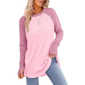 image:imageXIEERDUO Womens Tunic Tops to Wear with Leggings Long Sleeve Thumb Hole Shirts Crew Neck Curved HemRpinkcolorblock