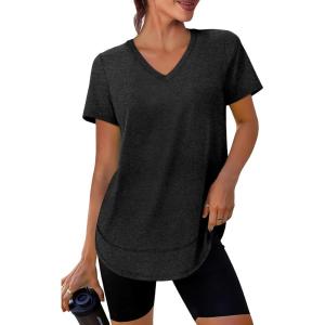 image:imageXIEERDUO Womens Workout Tops Short Sleeve Shirts Sun Protection UPF 50 Quick Dry Outfits for Hiking Running V Neck S3XL02 Black