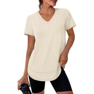 image:imageXIEERDUO Womens Workout Tops Short Sleeve Shirts Sun Protection UPF 50 Quick Dry Outfits for Hiking Running V Neck S3XL03 Apricot Cream White