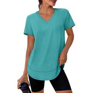 image:imageXIEERDUO Womens Workout Tops Short Sleeve Shirts Sun Protection UPF 50 Quick Dry Outfits for Hiking Running V Neck S3XL05 Aqua