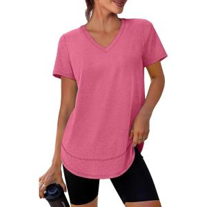 image:imageXIEERDUO Womens Workout Tops Short Sleeve Shirts Sun Protection UPF 50 Quick Dry Outfits for Hiking Running V Neck S3XL06 Watermelon Pink