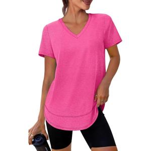 image:imageXIEERDUO Womens Workout Tops Short Sleeve Shirts Sun Protection UPF 50 Quick Dry Outfits for Hiking Running V Neck S3XL08 Hot Pink
