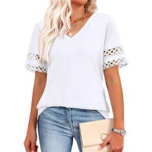 image:imageXIEERDUO Womens Summer Tops Dressy Casual Blouses for Women V Neck Short Sleeve Shirts Fashion Clothes Curved Hem FlowyA White