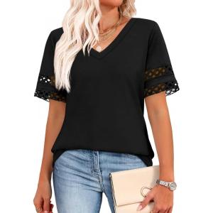 image:imageXIEERDUO Womens Summer Tops Dressy Casual Blouses for Women V Neck Short Sleeve Shirts Fashion Clothes Curved Hem FlowyBlack