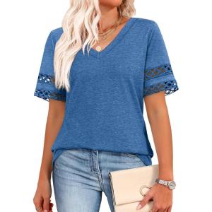 image:imageXIEERDUO Womens Summer Tops Dressy Casual Blouses for Women V Neck Short Sleeve Shirts Fashion Clothes Curved Hem FlowyBlue
