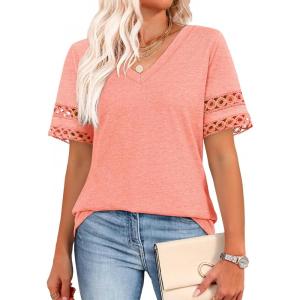 image:imageXIEERDUO Womens Summer Tops Dressy Casual Blouses for Women V Neck Short Sleeve Shirts Fashion Clothes Curved Hem FlowyCoral