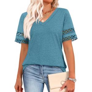 image:imageXIEERDUO Womens Summer Tops Dressy Casual Blouses for Women V Neck Short Sleeve Shirts Fashion Clothes Curved Hem FlowyTurquoise