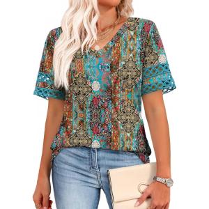 image:imageXIEERDUO Womens Summer Tops Dressy Casual Blouses for Women V Neck Short Sleeve Shirts Fashion Clothes Curved Hem FlowyZ Printed Black