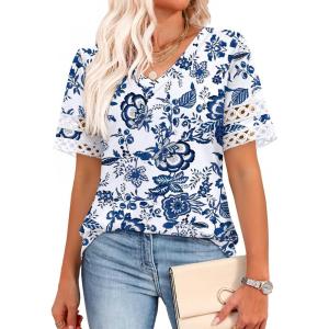 image:imageXIEERDUO Womens Summer Tops Dressy Casual Blouses for Women V Neck Short Sleeve Shirts Fashion Clothes Curved Hem FlowyZ Printed White
