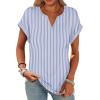 image:imageWomens Tops Dressy Casual V Neck Rolled Sleeve T Shirts Fashion Clothing Business Casual Outfits Beach Vacation ClothesFblue Stripe
