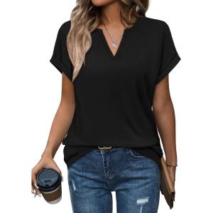 image:imageWomens Tops Dressy Casual V Neck Rolled Sleeve T Shirts Fashion Clothing Business Casual Outfits Beach Vacation ClothesAblack