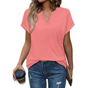 image:imageWomens Tops Dressy Casual V Neck Rolled Sleeve T Shirts Fashion Clothing Business Casual Outfits Beach Vacation ClothesCcoral