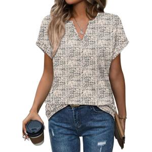 image:imageWomens Tops Dressy Casual V Neck Rolled Sleeve T Shirts Fashion Clothing Business Casual Outfits Beach Vacation ClothesEbeige Print