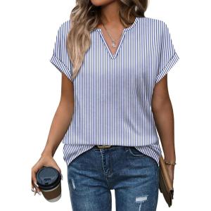image:imageWomens Tops Dressy Casual V Neck Rolled Sleeve T Shirts Fashion Clothing Business Casual Outfits Beach Vacation ClothesFblue Stripe