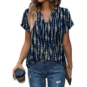 image:imageWomens Tops Dressy Casual V Neck Rolled Sleeve T Shirts Fashion Clothing Business Casual Outfits Beach Vacation ClothesGnavy Print