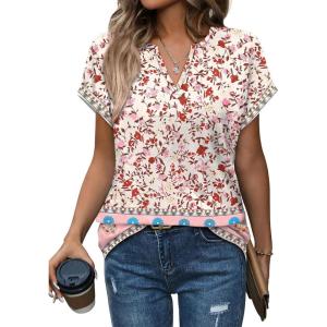 image:imageWomens Tops Dressy Casual V Neck Rolled Sleeve T Shirts Fashion Clothing Business Casual Outfits Beach Vacation ClothesLpink Print