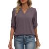 image:imageXIEERDUO 34 Length Sleeve Womens Tops V Neck T Shirts Both Side Buttons Blouses Business Casual Outfits Loose FitGrey Purple