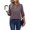 image:imageXIEERDUO 34 Length Sleeve Womens Tops V Neck T Shirts Both Side Buttons Blouses Business Casual Outfits Loose FitGrey Purple
