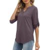 image:imageXIEERDUO 34 Length Sleeve Womens Tops V Neck T Shirts Both Side Buttons Blouses Business Casual Outfits Loose FitGrey Purple