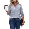 image:imageXIEERDUO 34 Length Sleeve Womens Tops V Neck T Shirts Both Side Buttons Blouses Business Casual Outfits Loose FitZ Blue Stripe