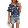 image:imageXIEERDUO Womens Summer Tops Dressy Casual Blouses for Women V Neck Short Sleeve Shirts Fashion Clothes Curved Hem FlowyZ Navy Printed
