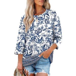 image:imageXIEERDUO 34 Length Sleeve Tops for Women Business Casual Blouses Slit Side Shirts Blouses Summer Fashion Clothes 20261floral Blue