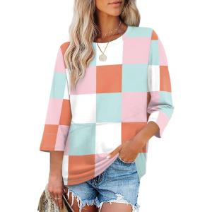image:imageXIEERDUO 34 Length Sleeve Tops for Women Business Casual Blouses Slit Side Shirts Blouses Summer Fashion Clothes 20261plaid Print