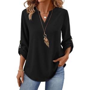 image:imageXIEERDUO 34 Length Sleeve Womens Tops V Neck T Shirts Both Side Buttons Blouses Business Casual Outfits Loose FitBlack