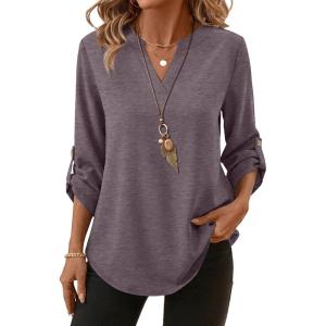 image:imageXIEERDUO 34 Length Sleeve Womens Tops V Neck T Shirts Both Side Buttons Blouses Business Casual Outfits Loose FitGrey Purple