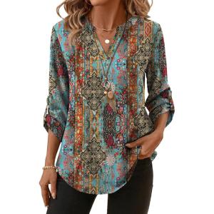 image:imageXIEERDUO 34 Length Sleeve Womens Tops V Neck T Shirts Both Side Buttons Blouses Business Casual Outfits Loose FitZ Blue Floral