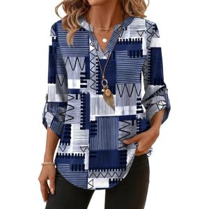 image:imageXIEERDUO 34 Length Sleeve Womens Tops V Neck T Shirts Both Side Buttons Blouses Business Casual Outfits Loose FitZ Blue Geometry