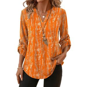 image:imageXIEERDUO 34 Length Sleeve Womens Tops V Neck T Shirts Both Side Buttons Blouses Business Casual Outfits Loose FitZ Brown Geometry