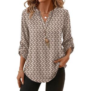 image:imageXIEERDUO 34 Length Sleeve Womens Tops V Neck T Shirts Both Side Buttons Blouses Business Casual Outfits Loose FitZ Brown Stripe