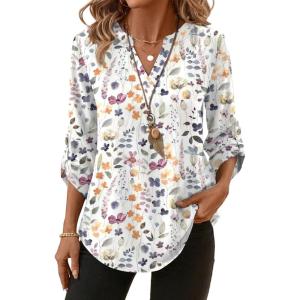image:imageXIEERDUO 34 Length Sleeve Womens Tops V Neck T Shirts Both Side Buttons Blouses Business Casual Outfits Loose FitZ Floral White