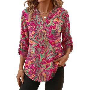 image:imageXIEERDUO 34 Length Sleeve Womens Tops V Neck T Shirts Both Side Buttons Blouses Business Casual Outfits Loose FitZ Red Boho
